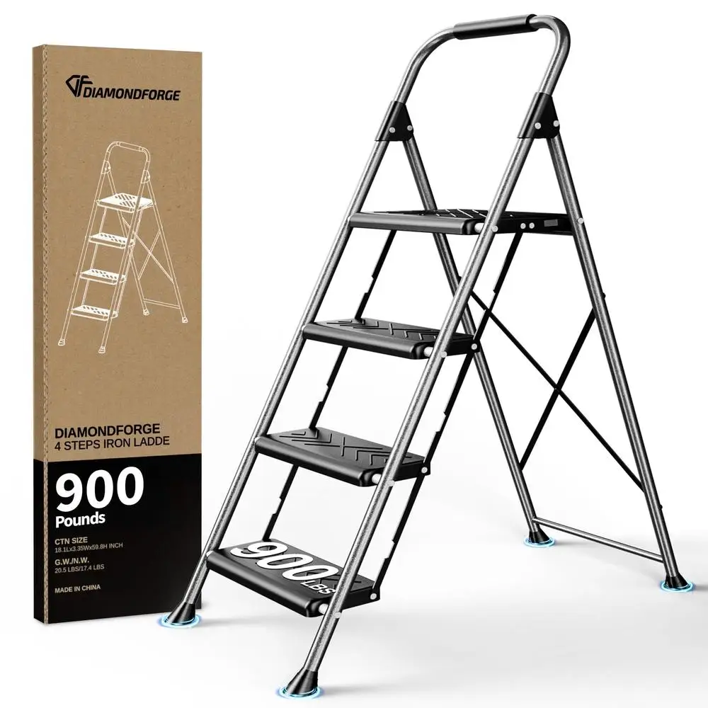 4-Step Folding Ladder Stool Anti-Slip Steel Construction Portable 900lbs Load Capacity