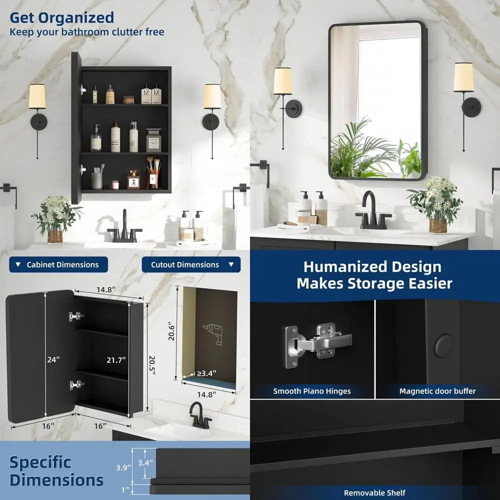 خزانة طبية مثبتة على السطح مقاس 16 × 24 باللون الأسود مع مرآة وأرفف قابلة للتعديل #1