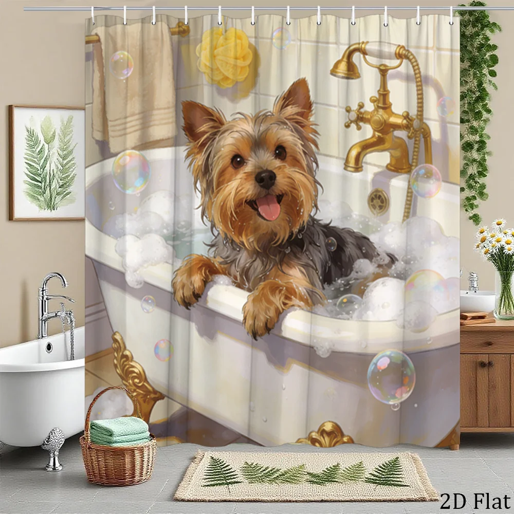 1pc Yorkshire Terrier Shower Curtain Suitable for Pet Lovers - Adorable Yorkie Dog Bath Curtain with Bathtub & Bubbles, Bath She