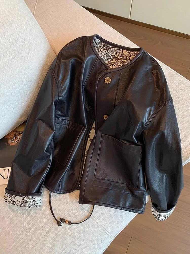 Faionable haut de gamme Bla rond Ne épissé cuir Jaet ample minceur ort haut pour hommes et femmes printemps automne