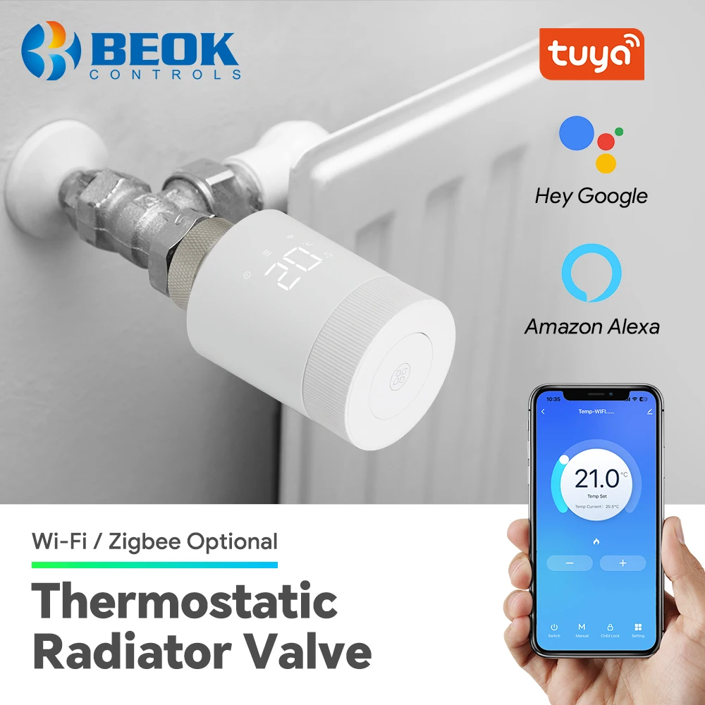 Beok Wifi Tuya Radiator Thermostatic Valve Zigbee TRV Thermostat Smart Home Water Heating System with Google Home Alexa