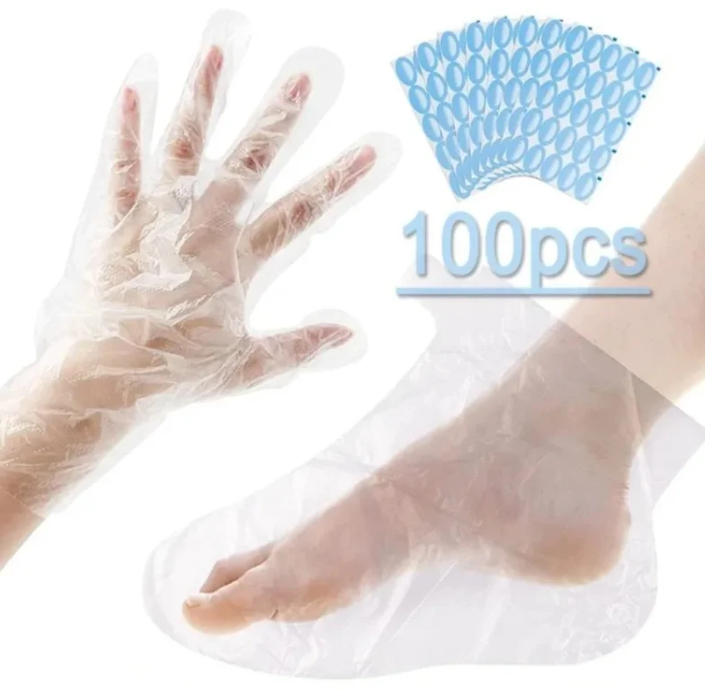 

100PCS Transprent Disposable Hand Foot Bags Prevent Infection Remove Chapped Foot Hand Care SPA Wax Covers Bath Gloves Socks