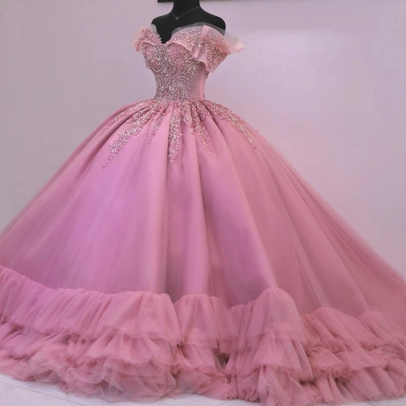 Pink Princess Ball Gown Quinceanera Dresses Off The Shoulder Appliques Beads Crystal Tull Tiered Sweet 16 Vestidos De 15 Anos