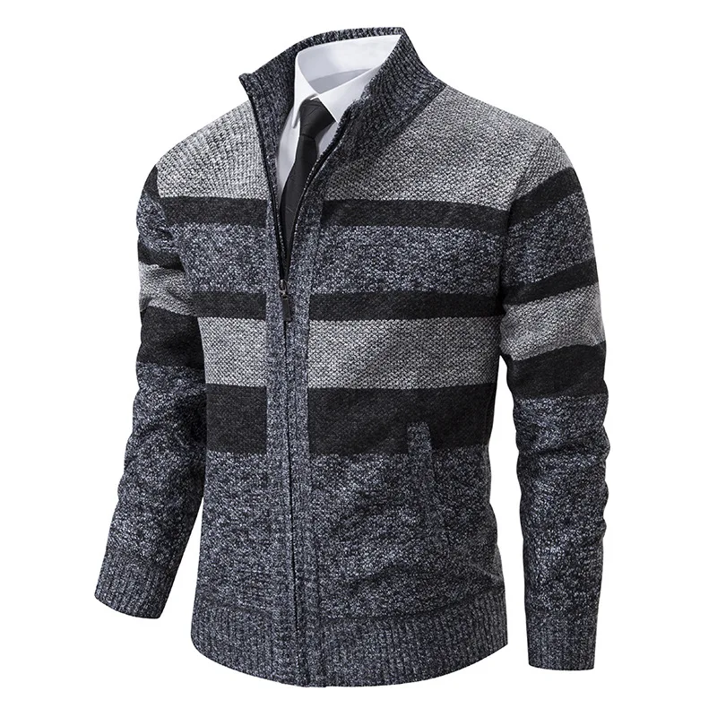 Autumn and winter men\'s cardigan jacket with plush and thick striped sweater for men\'s outerwear