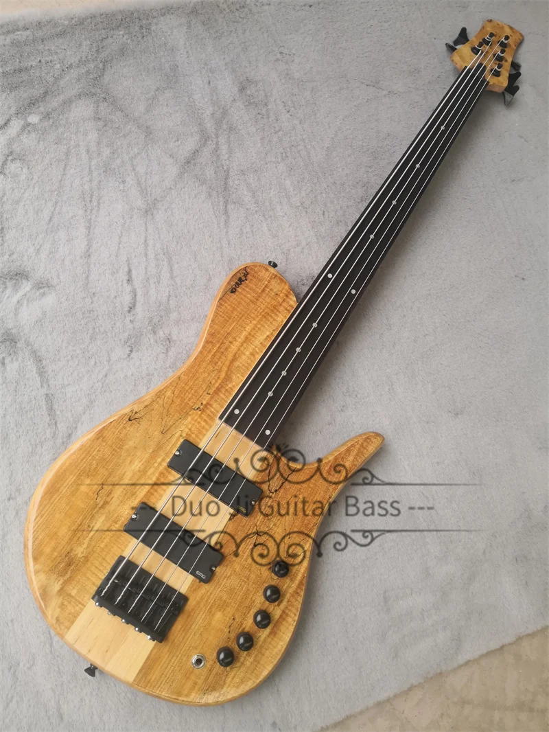 

5 Strings Bass Guitar Fora Bass ASH Wood Body Burl Maple Top Fretless Rosewood Fingerboard Active Battery Black Tuners Fixed Bri