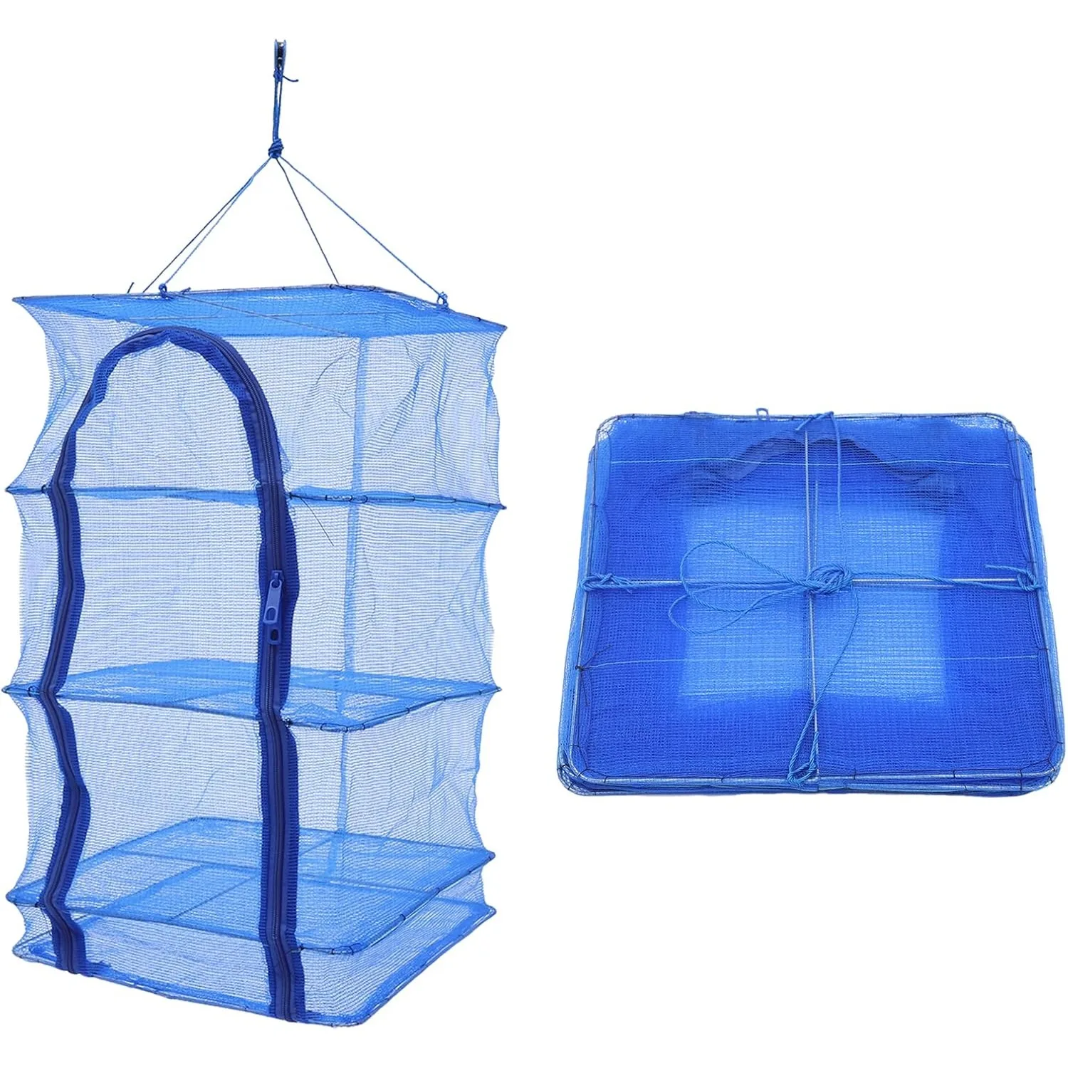 4-lagiges blaues hängendes Trockennetz, zusammenklappbares Netz, Trockner, Obst, Gemüse, Kräuternetz, Garnelen, zusammenklappbares Trockennetz mit doppelten Reißverschlüssen