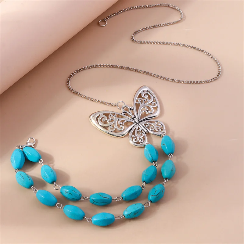 Aihua Bohemia Turquoise Stone Butterfly Necklace for Women Choker Collier Femme Ethnic Necklaces Statement Jewelry