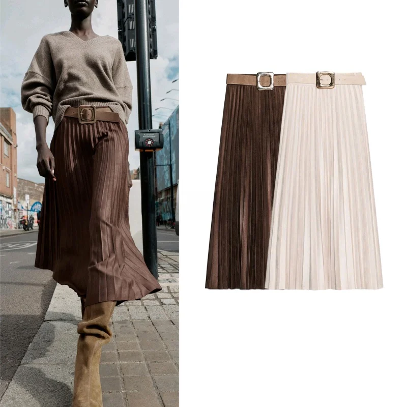 

Осенняя новинка: женская плиссированная юбка миди с эффектом бархата, с поясом, повседневная, из полиэстера, свободного кроя