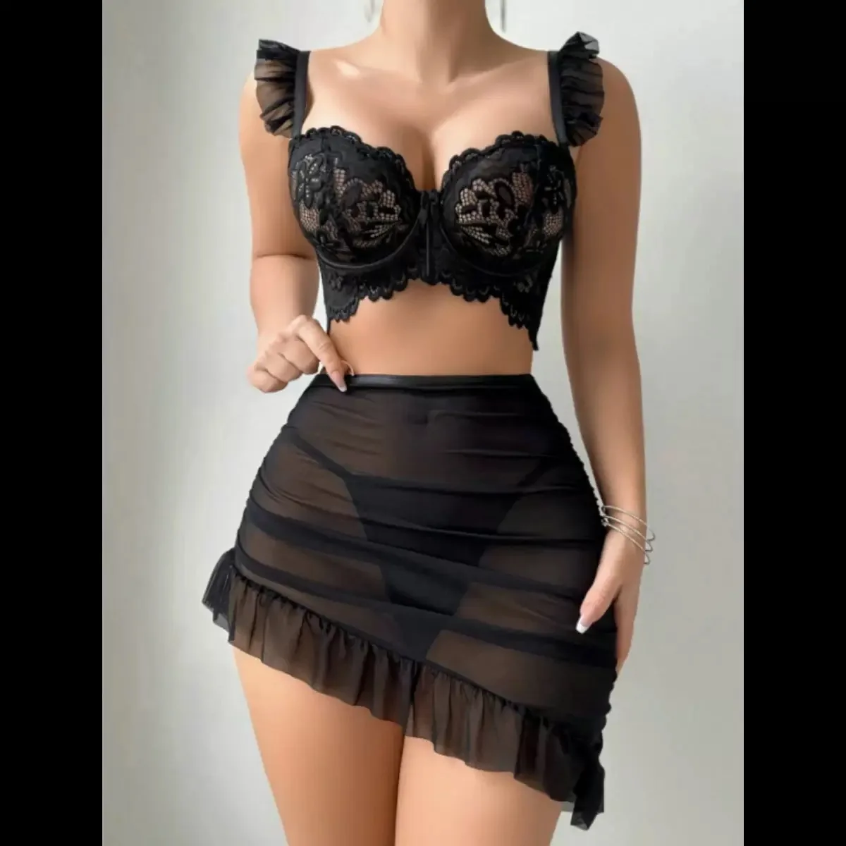 Red Ruffle Lace Lingerie Set Women Mesh Ruched Mini Skirt Two Piece Boudoir Sleepwear 4