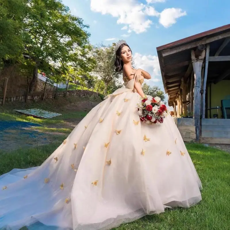 Off Shoulder Strapless New Banquet Evening Dress Adult Dress Princess Dress Three-dimensional Butterfly Flower Dress Customized