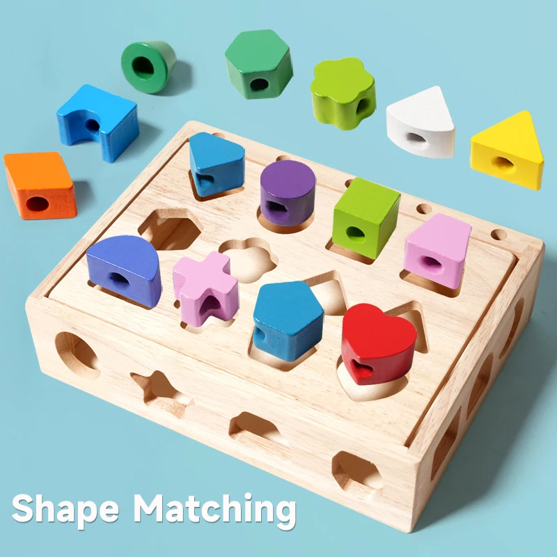 Montessori Wooden Toys Color Shape Matching Board Sorting Puzzle Game Fine Movement Training Column Beaded Games Educational Toy