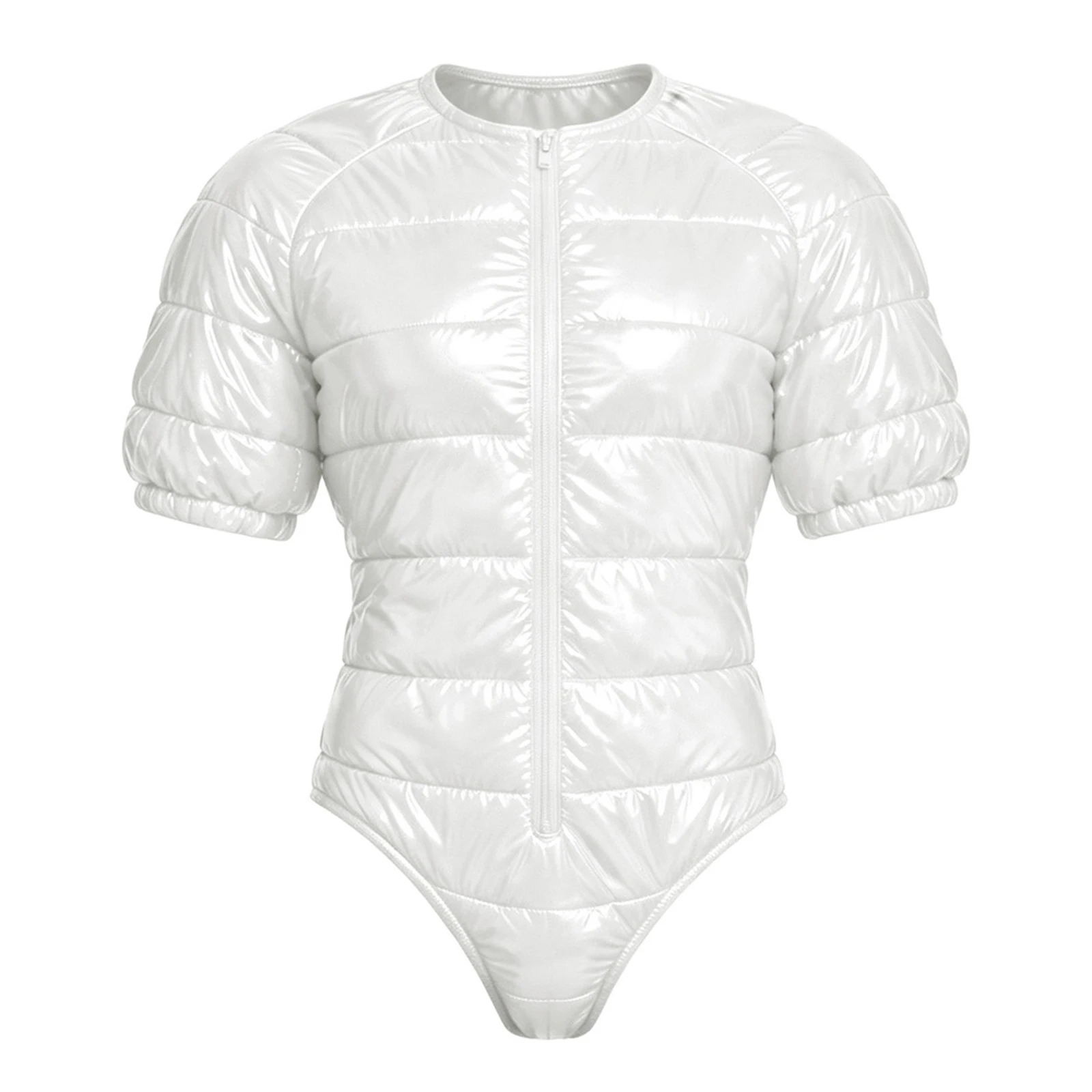 Mens Sports Gym Bodysuit Water Resistant Padded Round Neck Short Sleeve Front Zipper Leotard for Daily Casual Night Club Wear
