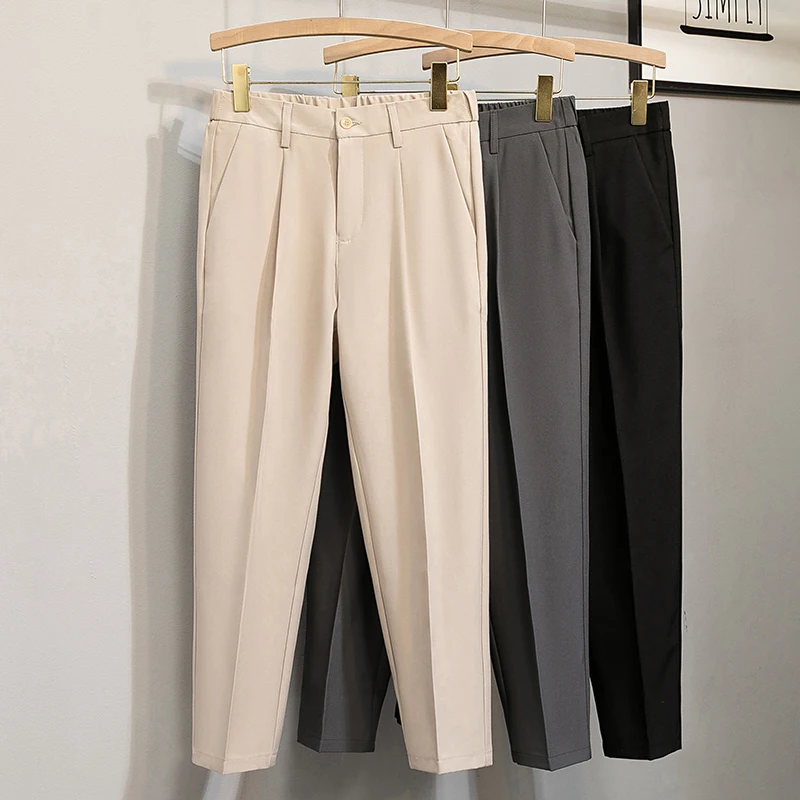 

Summer 2024 New Men's Casual Nine-Piece Suit Pants Elastic Waist Ice Silk Pure Color Cone-aped Leisure Trousers for Youth