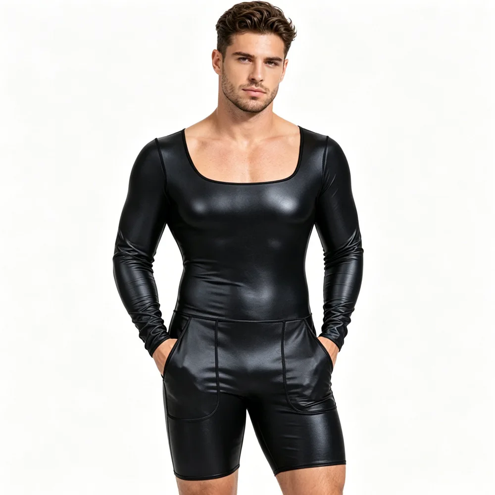 Men's Faux PU Leather Jumpsuit Body Shaper Long Sleeves Bodysuit Waist Corsets Tight Short Pants Bodysuits Shapewear 2026