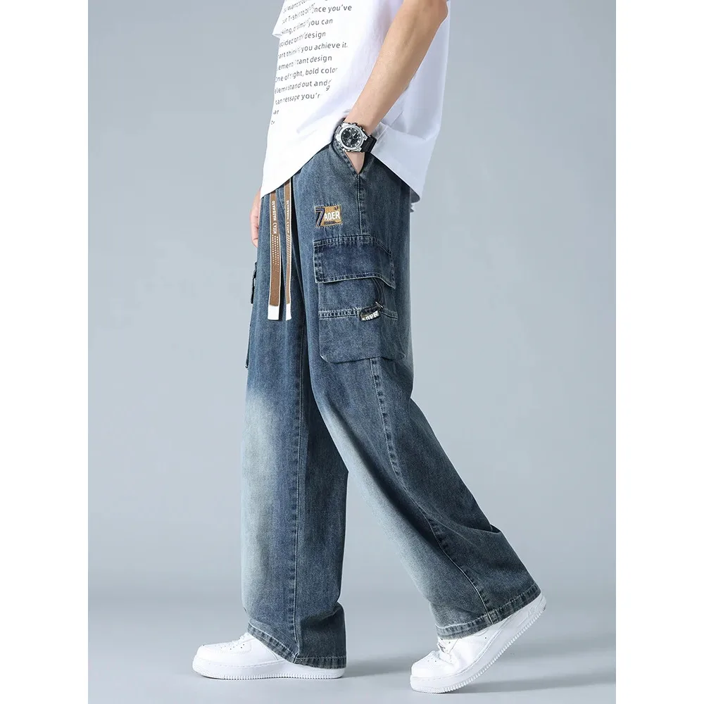 Summer Men's Straight Jeans Multi-Pockets Wide Leg Denim Cargo Pants 8XL 7XL 6XL Big Size Lightweight Baggy Jeans Trousers