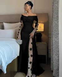 Off Shoulder Prom Dresses Yellow Flowers Pleated Evening Dress High Split Floor Length Saudi Arabia Party Dress customized 2025