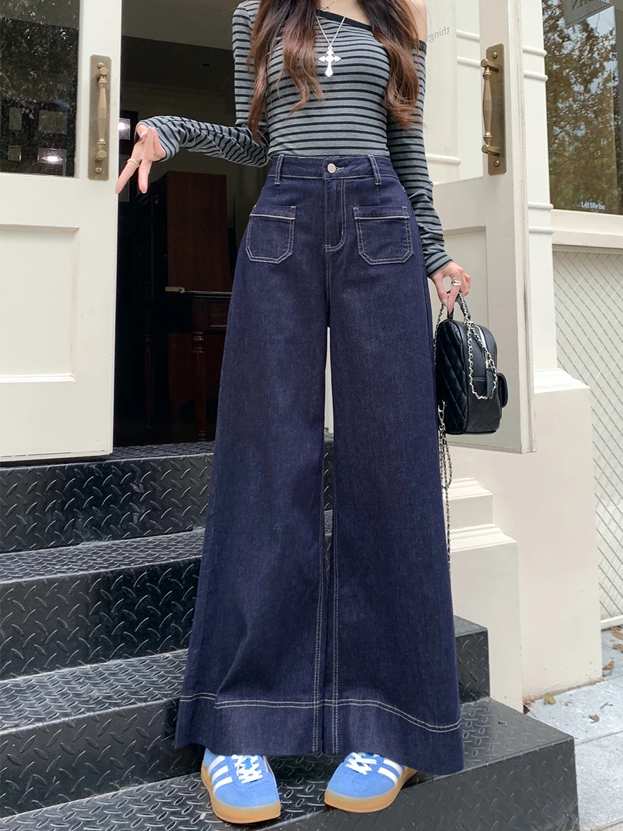 

Темно-синие женские джинсы, свободные прямые брюки с высокой талией и скрытыми бедрами, большие размеры, утягивающие широкие брюки для похудения