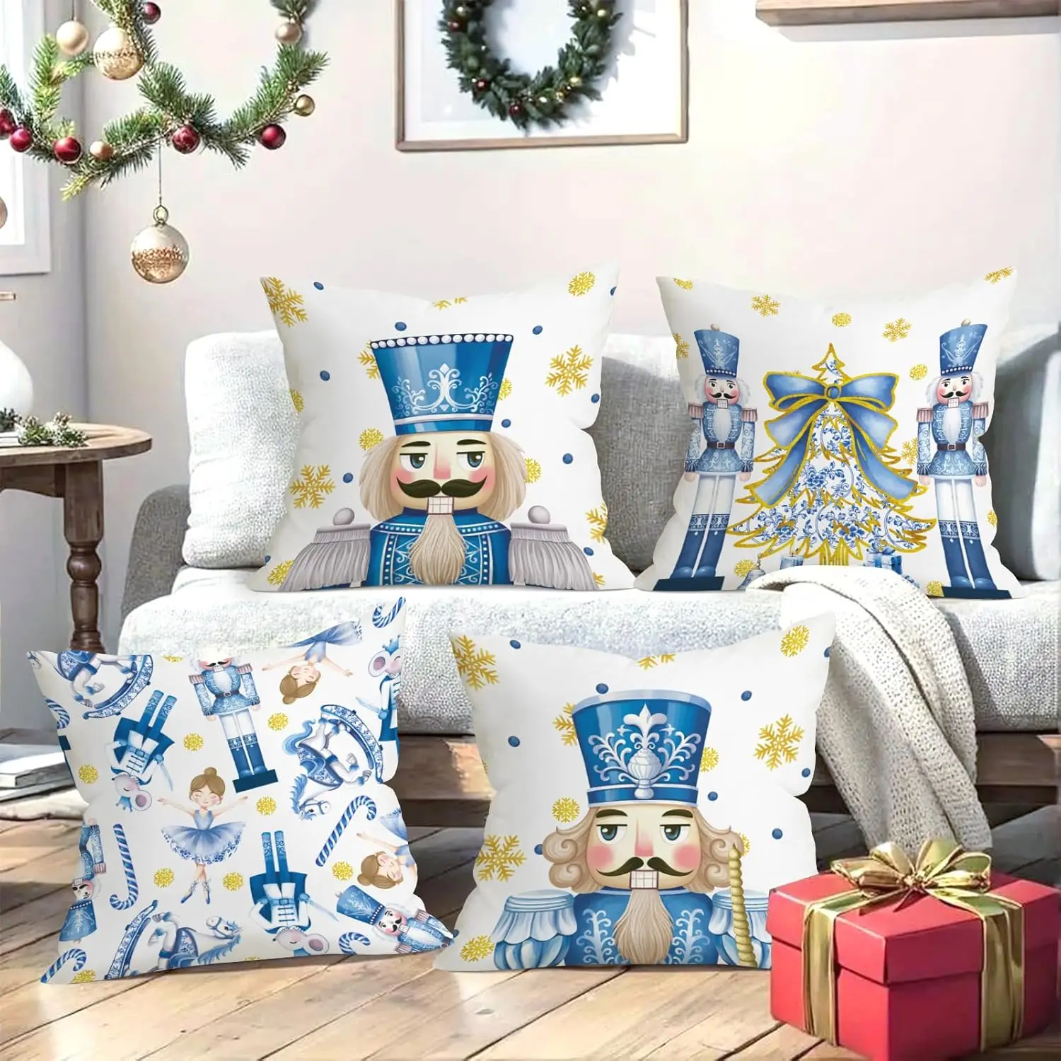 

4pcs Blue Nutcracker Christmas Snowflake Printed Pillow Cover Polyester Cushion Case 2D Flat Holiday Xmas Home Decor Now
