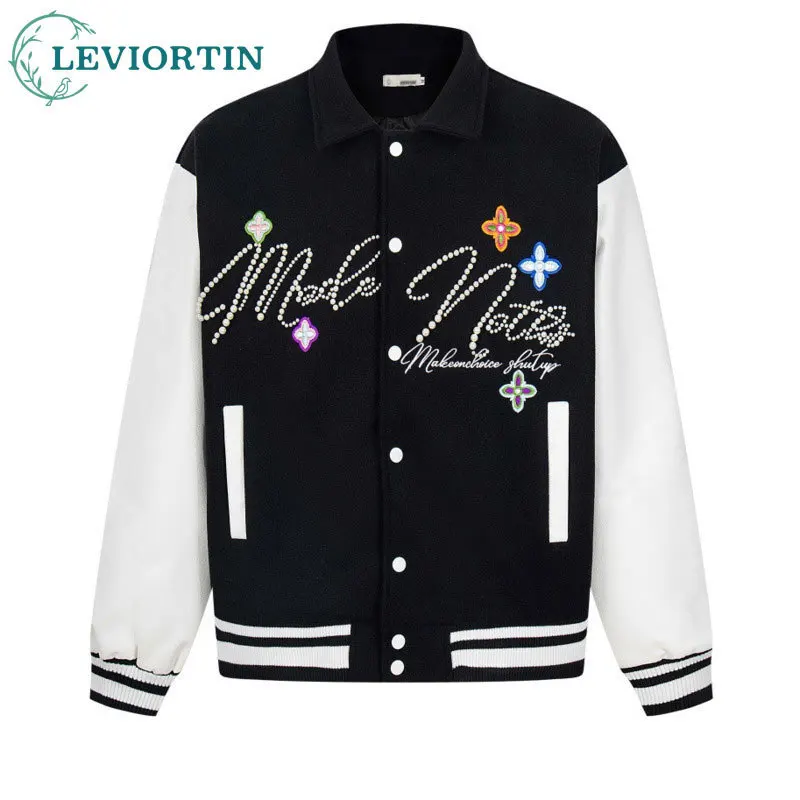 

Мужская европейская и американская модная тенденция, дизайн с буквами из бисера, свободная бейсбольная куртка из искусственной кожи с длинными рукавами в стиле пэчворк