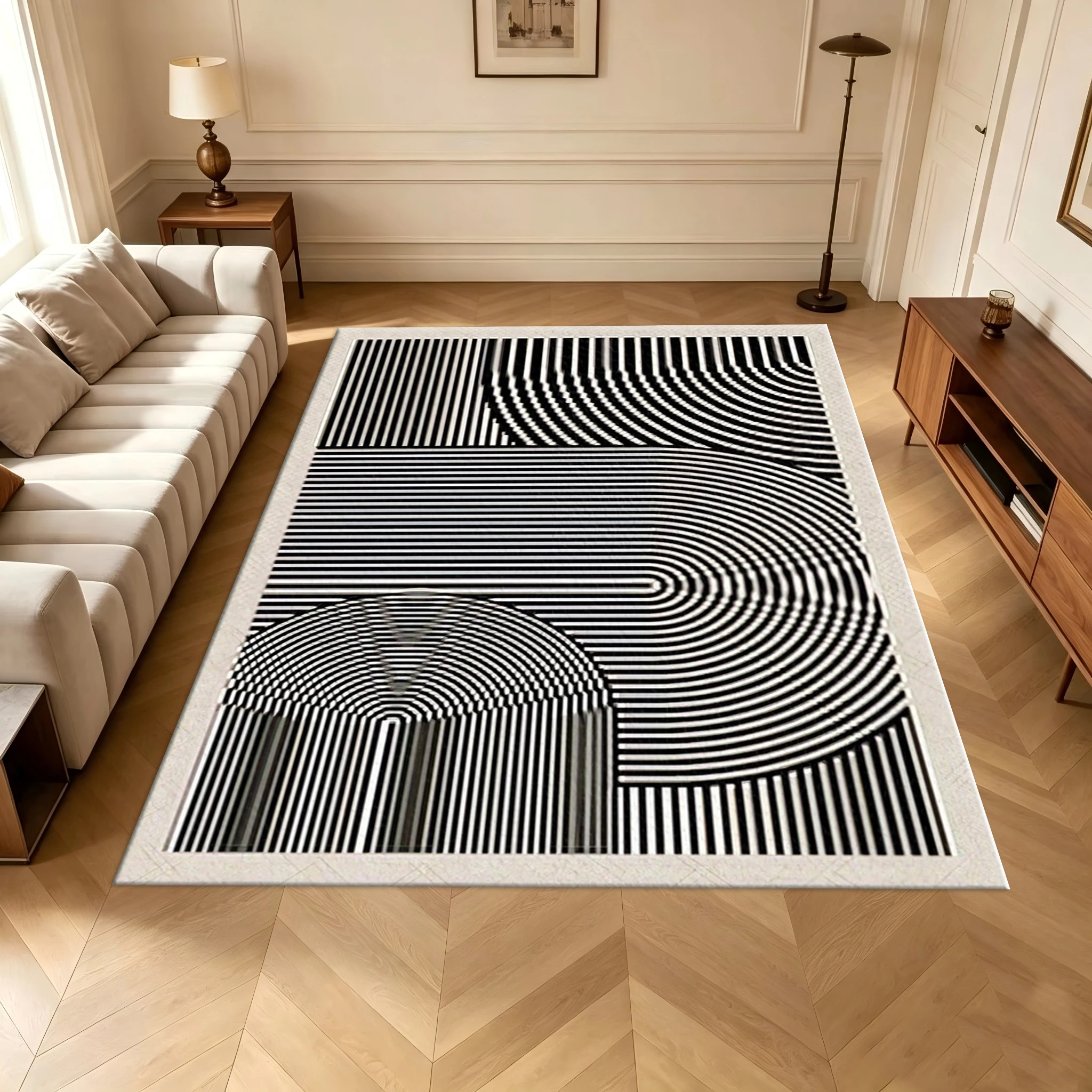 Black White Optical Illusion Geometric Line Area Rug Modern Abstract Curved Strip Floor Mat for Home Living Room