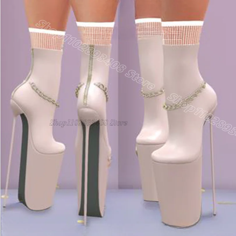 White Chain Decor Stiletto Boots Platform Round Toe Solid Back Zipper British Style Party Fashion Boots 2024 Zapatos Para Mujere