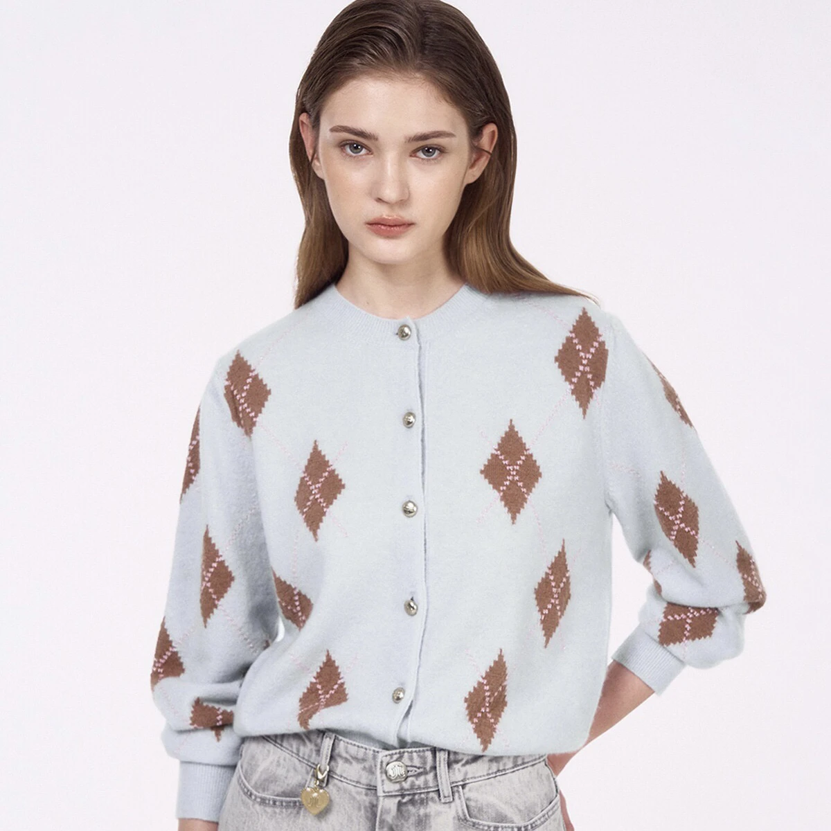 Nueva llegada de primavera, suéter tejido de lana de estilo coreano, cárdigan abierto con patrón de diamantes, ceco inform...