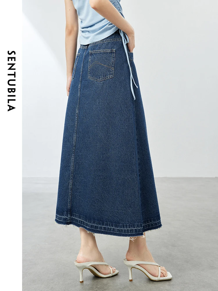 SENTUBILA Koreańska bawełna 100% sprany dżins Maxi Spódnica 2024 Summer Solid Commuter Loose Casual A-line Długie jeansowe spódnice W42Q53279