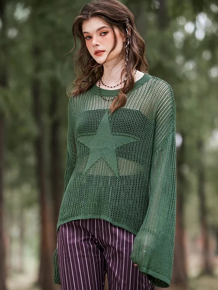 Y2K women\'s sweater Harajuku Hollow Out Knit Pullovers Crewneck Autumn Vintage star graphic Grunge Top Fashion Smock Sweater wo