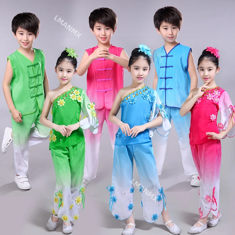 

Новый детский танцевальный костюм Янжа, классический этнический танец, танец с веером, мужские и женские костюмы для дошкольников