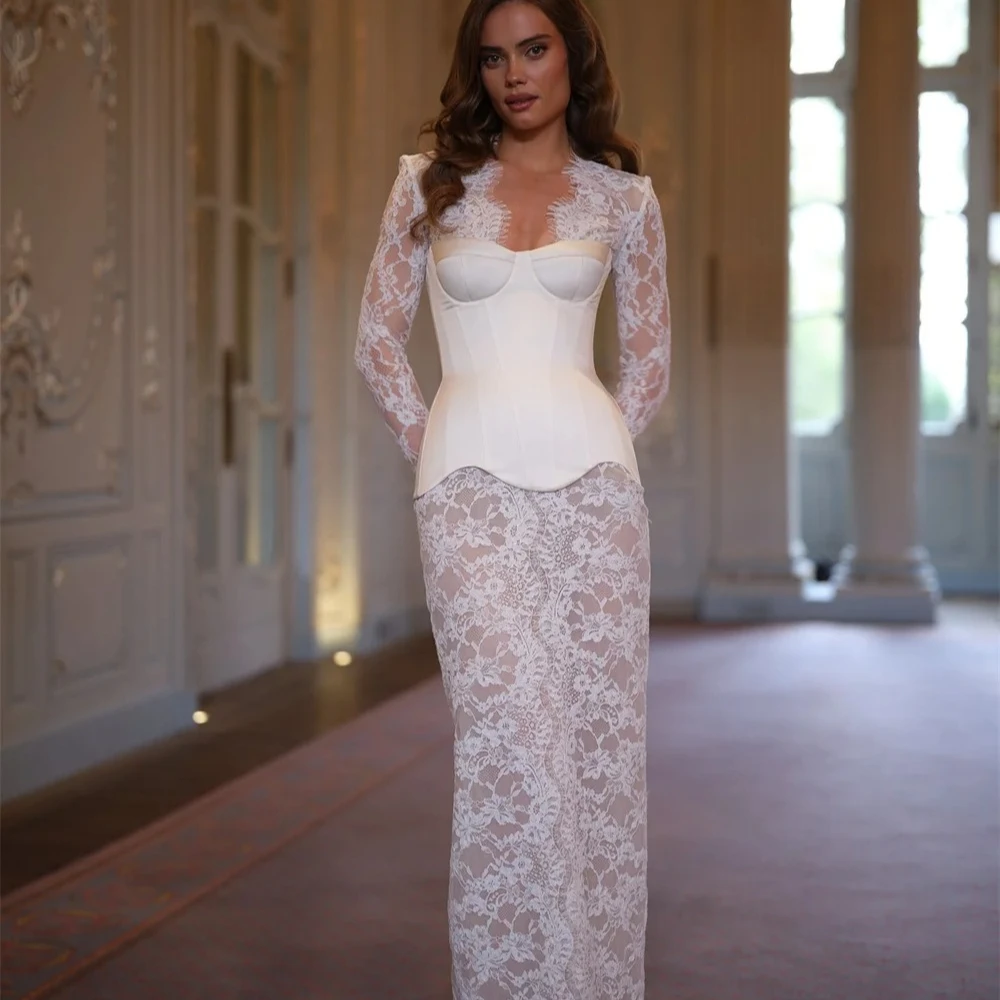 Customized Elegant Square Collar Satin and Lace Mermaid Lace Wedding Dress Long Sleeve Lace-Up Back