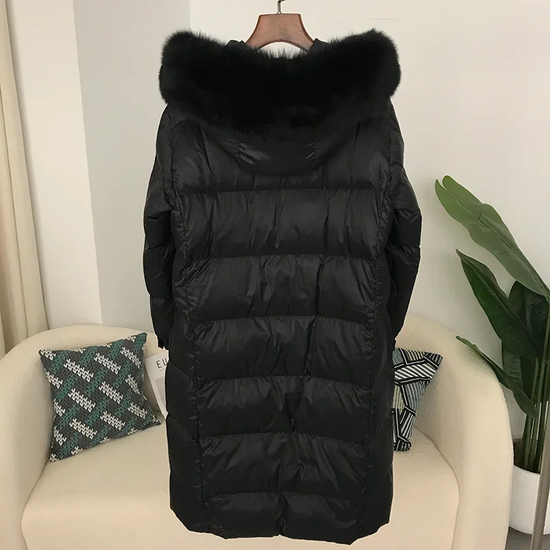 Menina Bonita neue lange Jacke echte Waschbär Fuchs Pelz kragen Kapuze Winter Frauen weiße Ente Daunen weiblichen Mantel Luxus Oberbekleidung