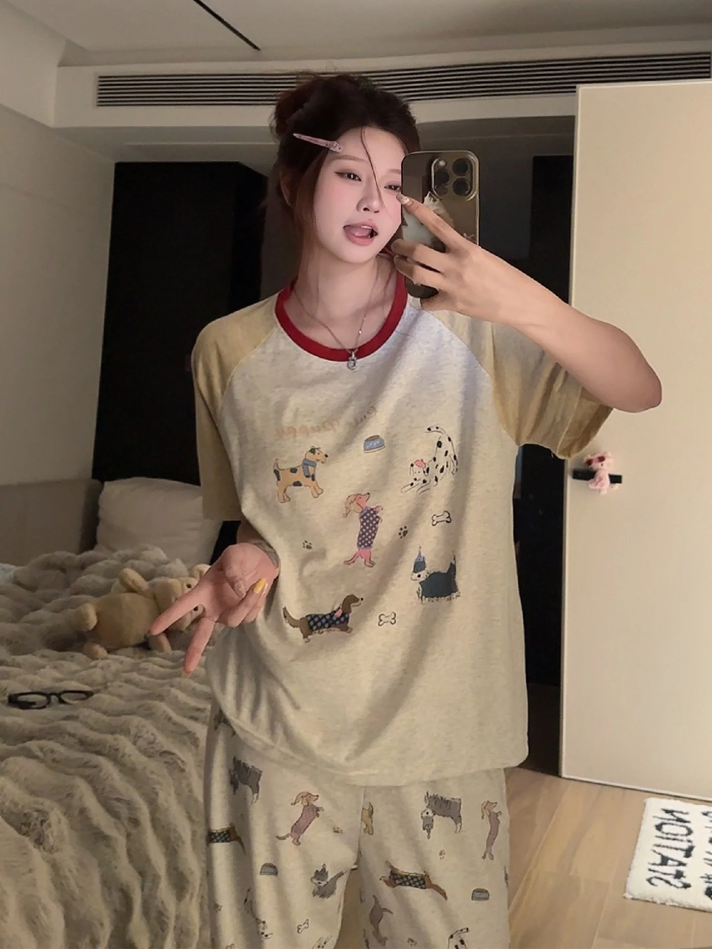 

Cute Dog Print Cotton Pajamas Women's Short Sleeve Long Pants Sleepwear Set Shoulder Pad Home Clothes Can Be Worn outside