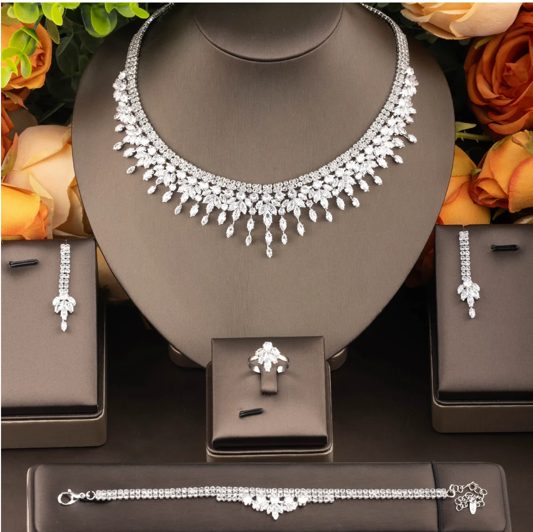 

4pcs Bridal Jewelry Sets For Women Cubic Zirconia CZ Necklace Bracelet Ring Earring Set Wedding Saudi Dubai Indian Necklace Sets