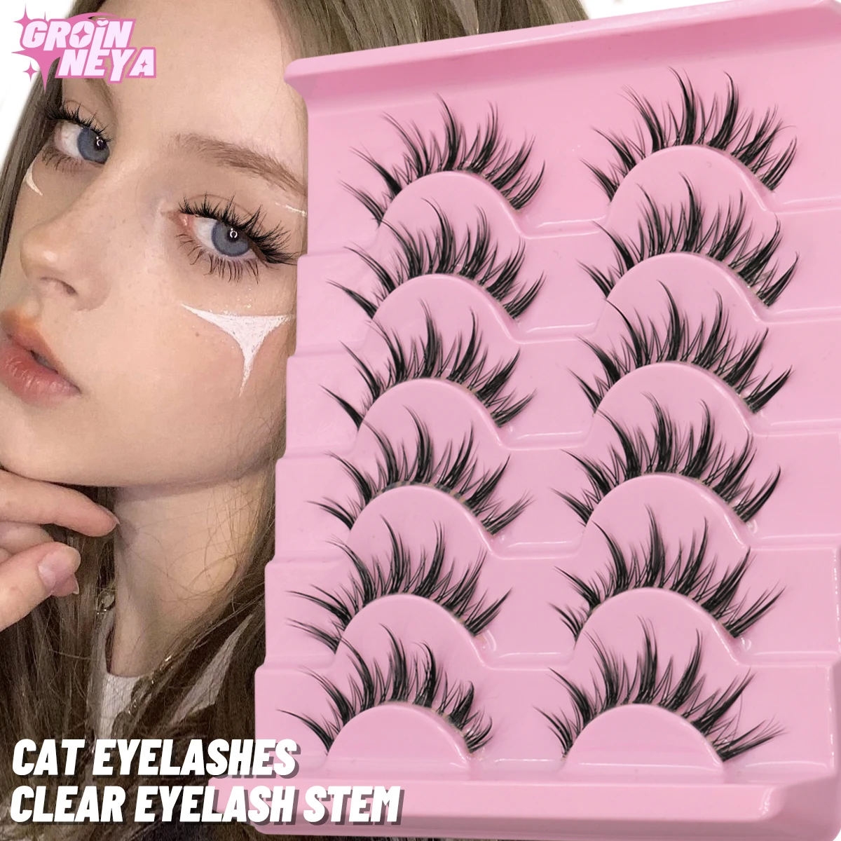 GROINNEYA Cat eye Lashes 5/6 pairs Clear Band Lashes Natural Look 6D Wispy Eyelashes False Lashes Eyelashs Extension