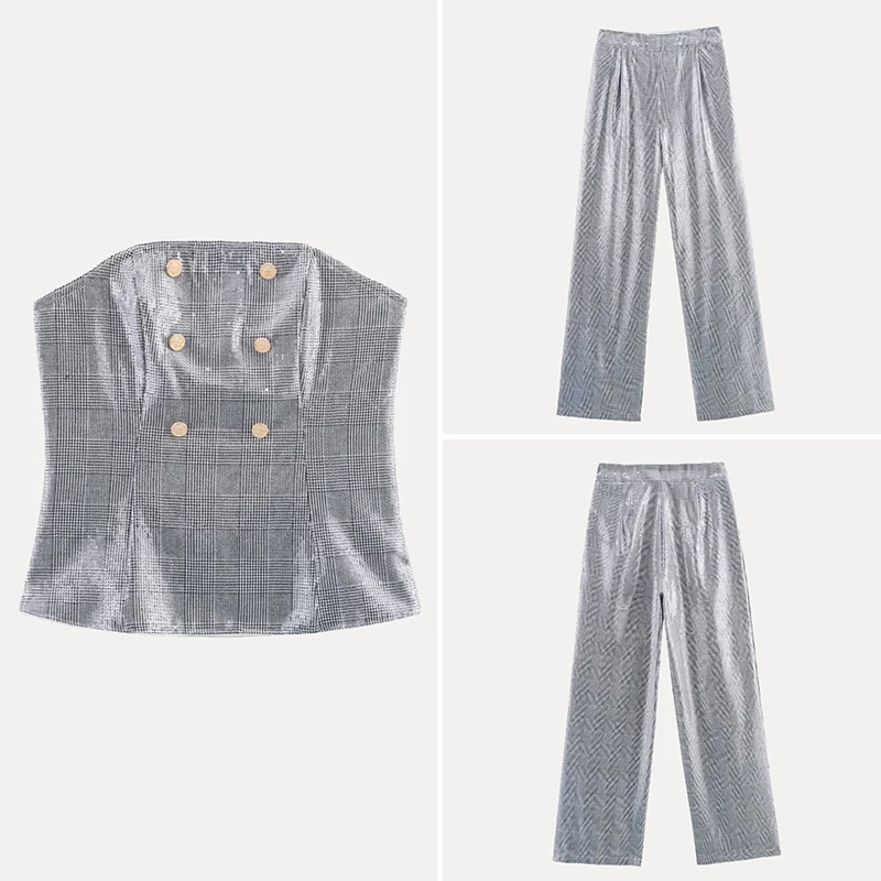 

iny Sequin Tube Top And Long Pants Two-Piece Set Commute Sle Women's Faion Summer 2025 Polyester Long Sve round Ne...