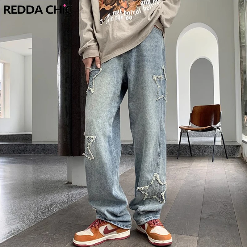 

Star Patches Men Baggy Jeans Pentagram Patchwork Wide Leg Pants Oversize Casual Loose Trousers Stylish Korean Male Streetwear