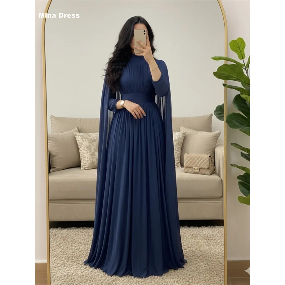 

Mina Customized Blue Luxury Women's Elegant Party Dress Pleated Long Sleeves Formal & Evening Gowns Shawl Crew Neck Dresses Prom