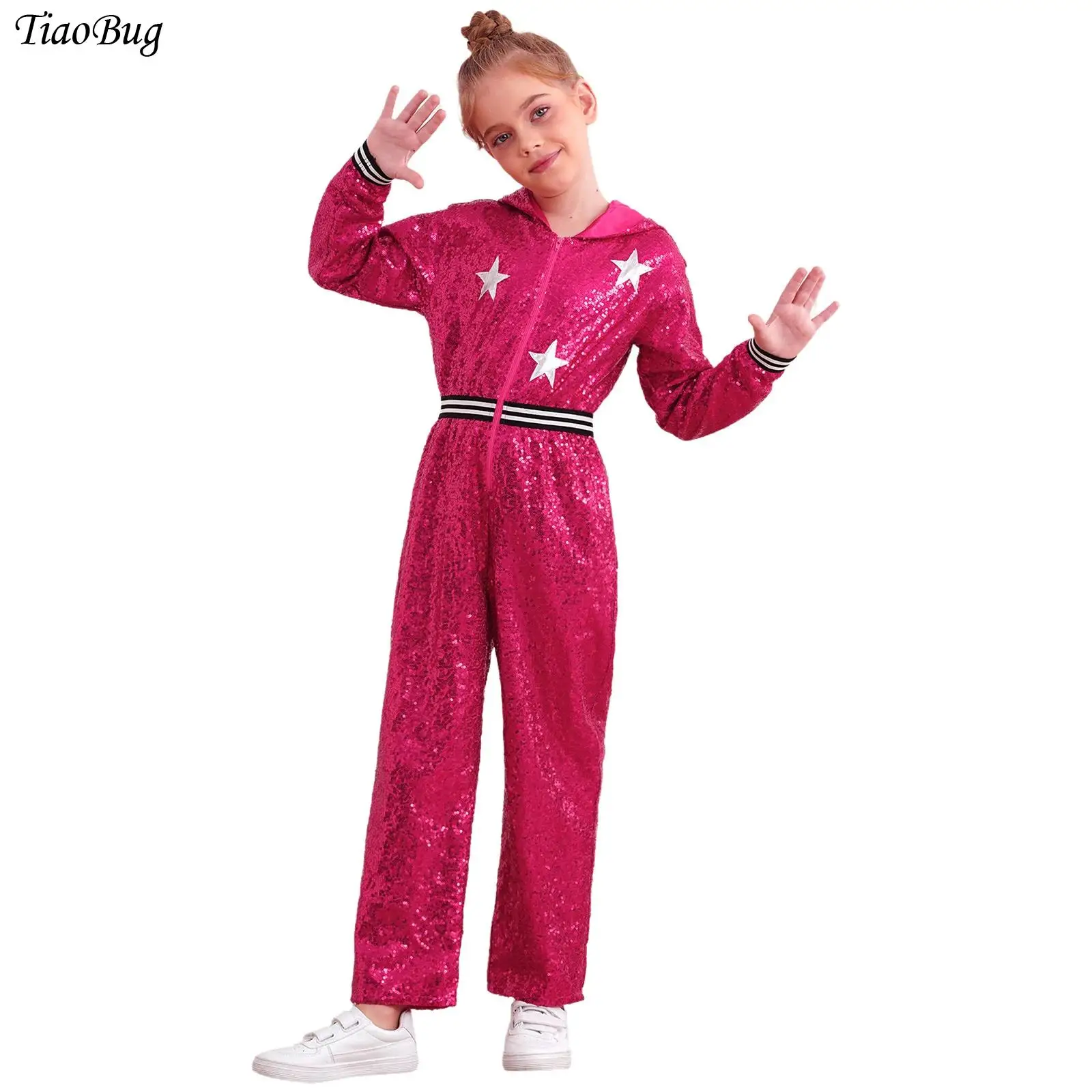 Kids Girls Hip Hop Dance Jumpsuit 90's Disco Theme Party Costume Long Sleeve Metallic Star Shiny Sequins Zipper Hooded Rompers