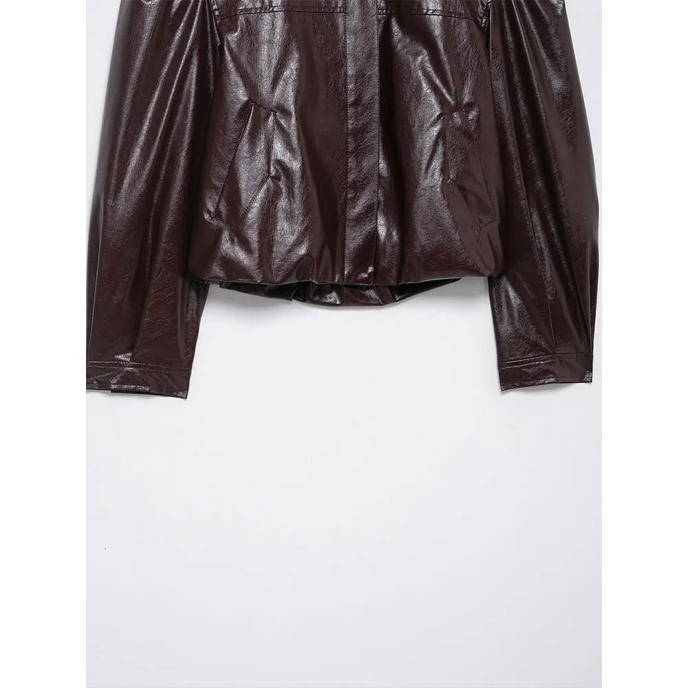 DUOPERI Women Fashion PU Coffee Bomber Jackets Casual O-Neck Long Sleeves Coats Female Elegant Chic Lady Outfits