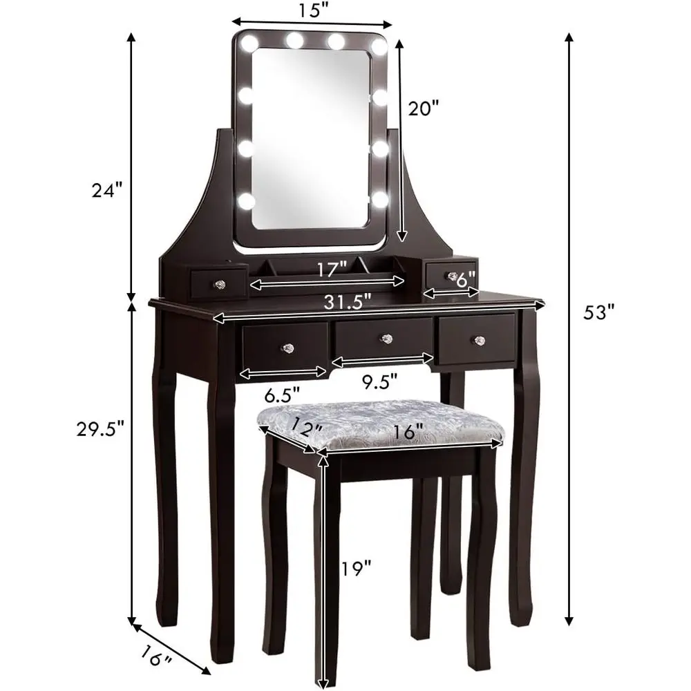 DORTALA Vanity Table Set w/ 360-Degree Recular Mirror & Cushioned Stool, Makeup Table w/ 10 LED Dimmable Bulbs, Bedroom Wood Dri view 6