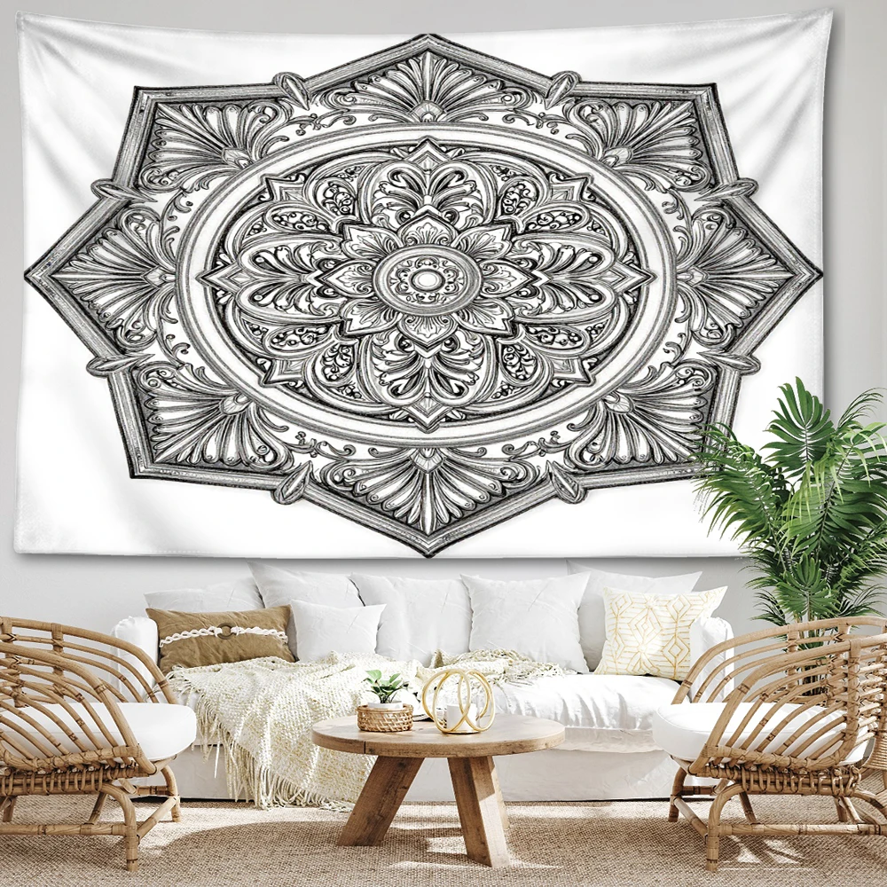 Silver Gray Octagonal Peony Symmetrical Printed Tapestry Wall Hanging Bohemian Style Bedroom Home Decor