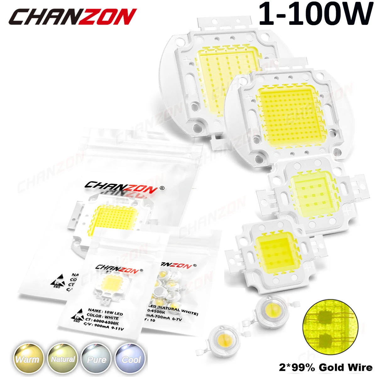 Alta potência led luz chip grânulo 1w 3 5 10 20 30 50 100 branco quente natural frio diy 1 3 watts smd cob lâmpada de holofote brilhante