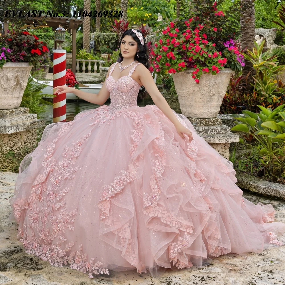 EVLAST Personalizado México Rosa Quinceanera Vestido de Baile Vestido de Renda Applique Frisado Espartilho Babados Doce 16 Vestido De 15 Anos E3Q259