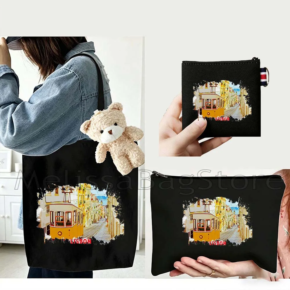 

4PCS Gifts Set lisbon Portugal White Canvas Tote Bag Handbag with Doll Key Coin Purse Cosmetic Makeup Toilet Bag Case Pouch