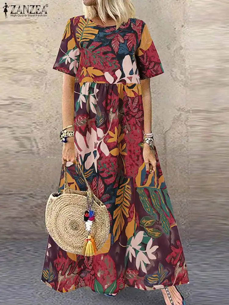 ZANZEA 2023 Vintage Printed Dress Women\'s Summer Sundress Casual Short Sleeve Maxi Vestidos Female O Neck Floral Robe Femme