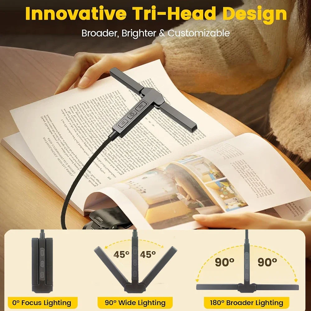 51 LED New Tri-Head Clip Book Light 4 Colors 1000mAh USB Rechargeable Bedroom Eye Protect Reading Night Lights Table Books Lamp