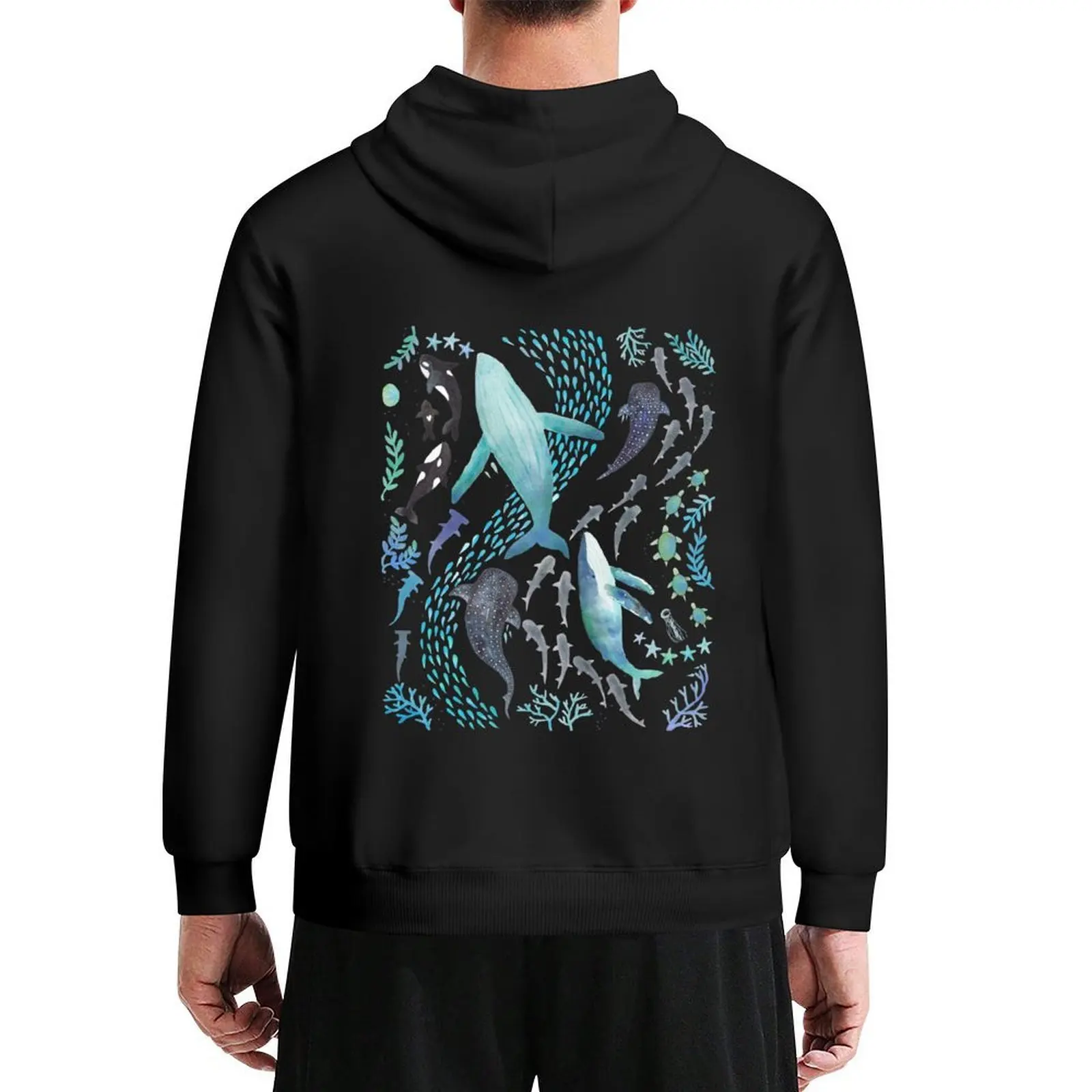 

Sharks, Humpback Whales, Orcas & Turtles Ocean Play Print Hoodie autumn jacket men fashion men korean clothes pullover hoodies