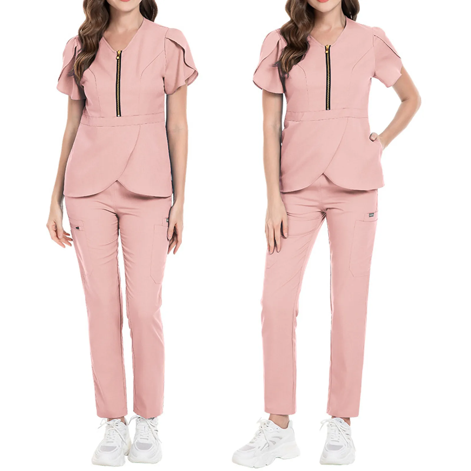 

New Nurse Overalls For Women Skin-friendly V-neck Solid Color Nursing Suits Casual Short Sleeve Top Long Pants Nurse Uniform