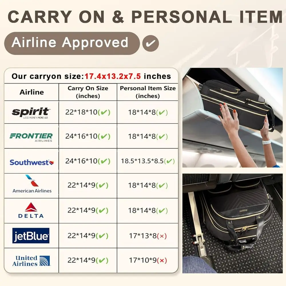 حقيبة حمل بمقعد سفلي مع جيوب متعددة، معتمدة من طيران، مقبض جلدي، حقيبة خفيفة الوزن للنساء، باللون الأسود والأسود