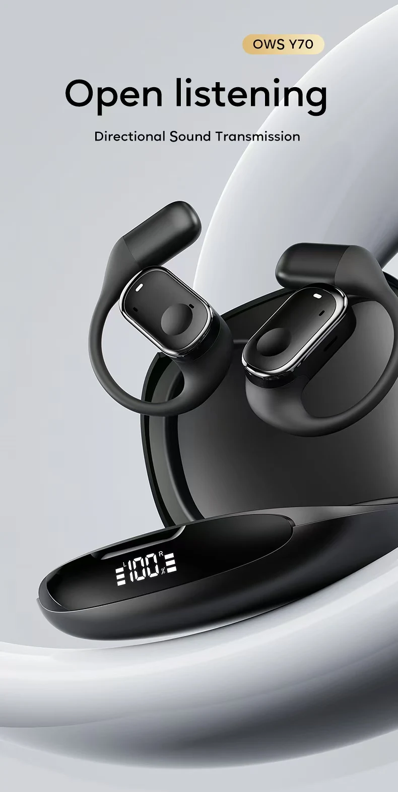 Open-Ear Headphones with Stable Comfort & Hi-Res Sound Pure Bass Boost Bluetooth 5.3 Earbuds OWS Wireless Headphones for Sports